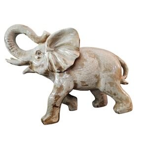 Vintage Ceramic Elephant Figurine‎ Crackle Glaze Ivory Brown Trunk Up Decor